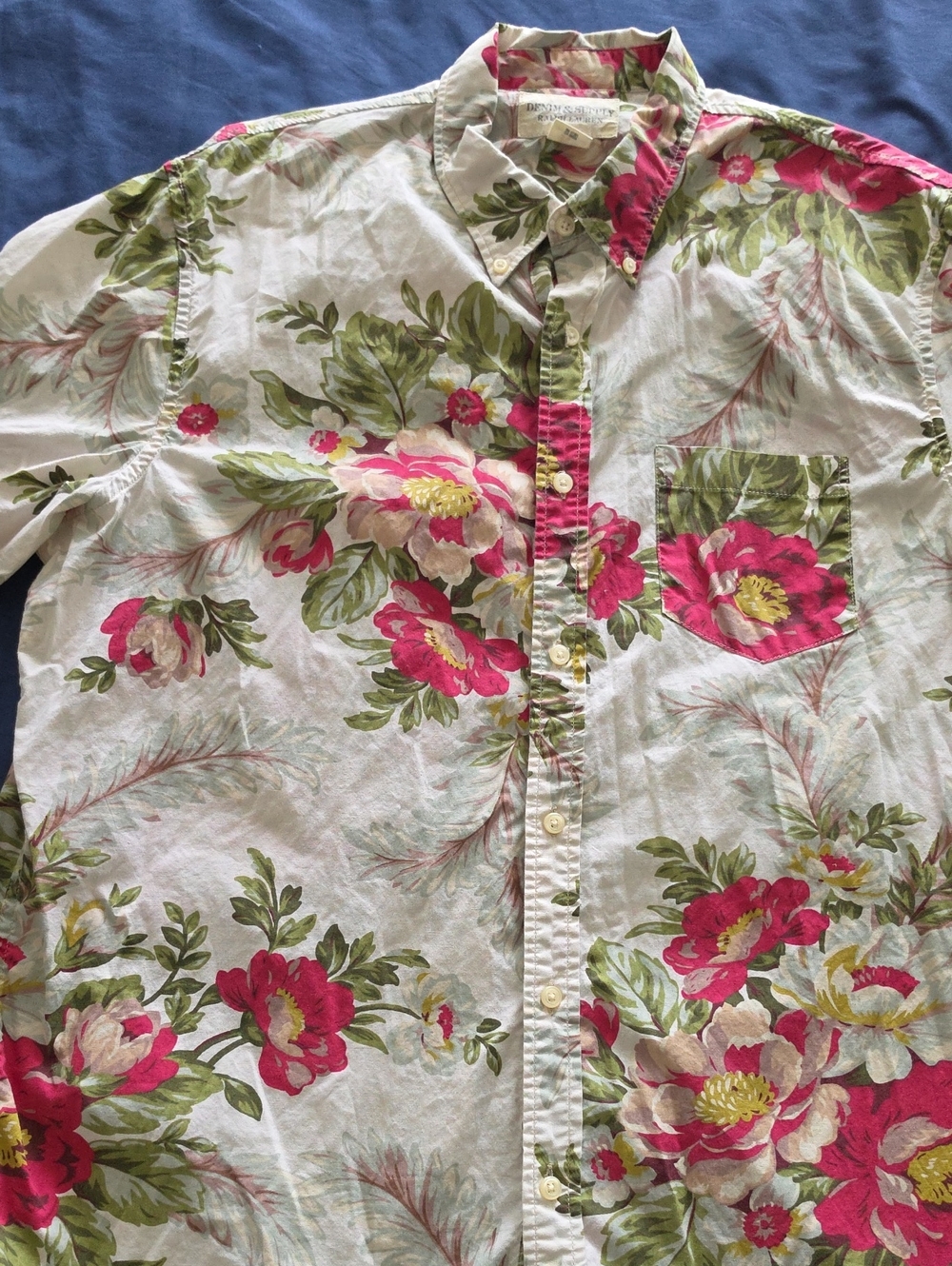 Denim & Supply Ralph Lauren White Button-Down Shirt with Pink Floral Print